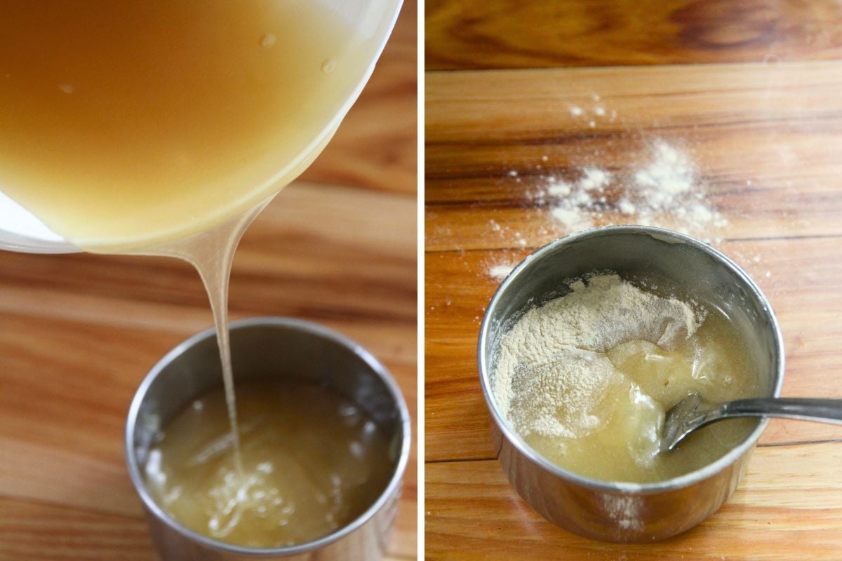 Pouring honey into a measuring cup and mixing in powder pectin.