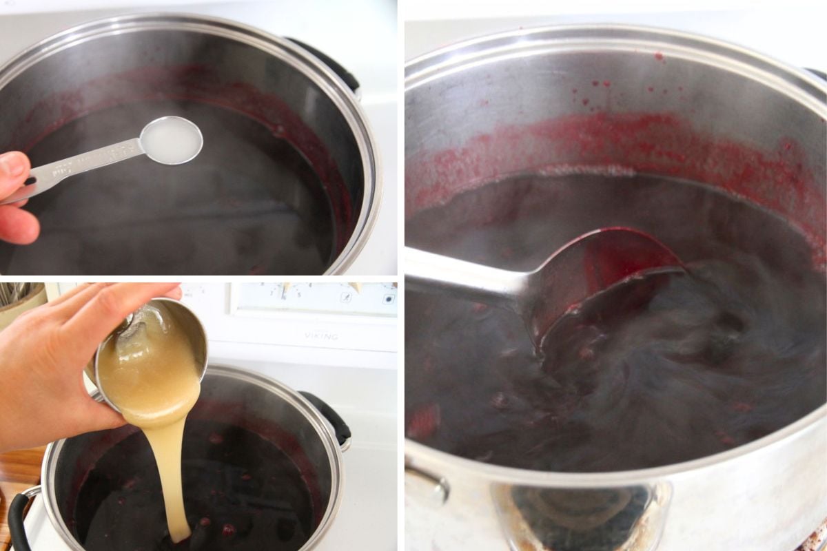 Measuring calcium water into the boiling juice, then the honey and pectin mixture.