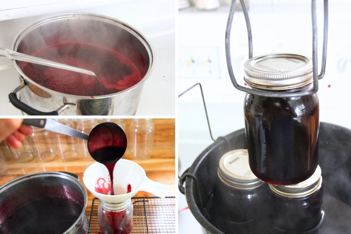3 images showing the heating of blackberry juice, filling jars and preserving them in a water bath canner.