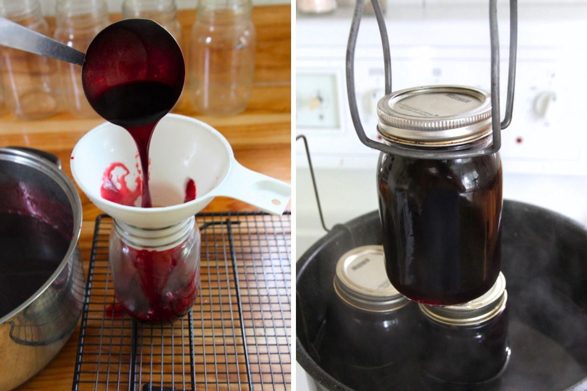 Ladling hot blackberry syrup into jars and adding jar to the canner for processing.