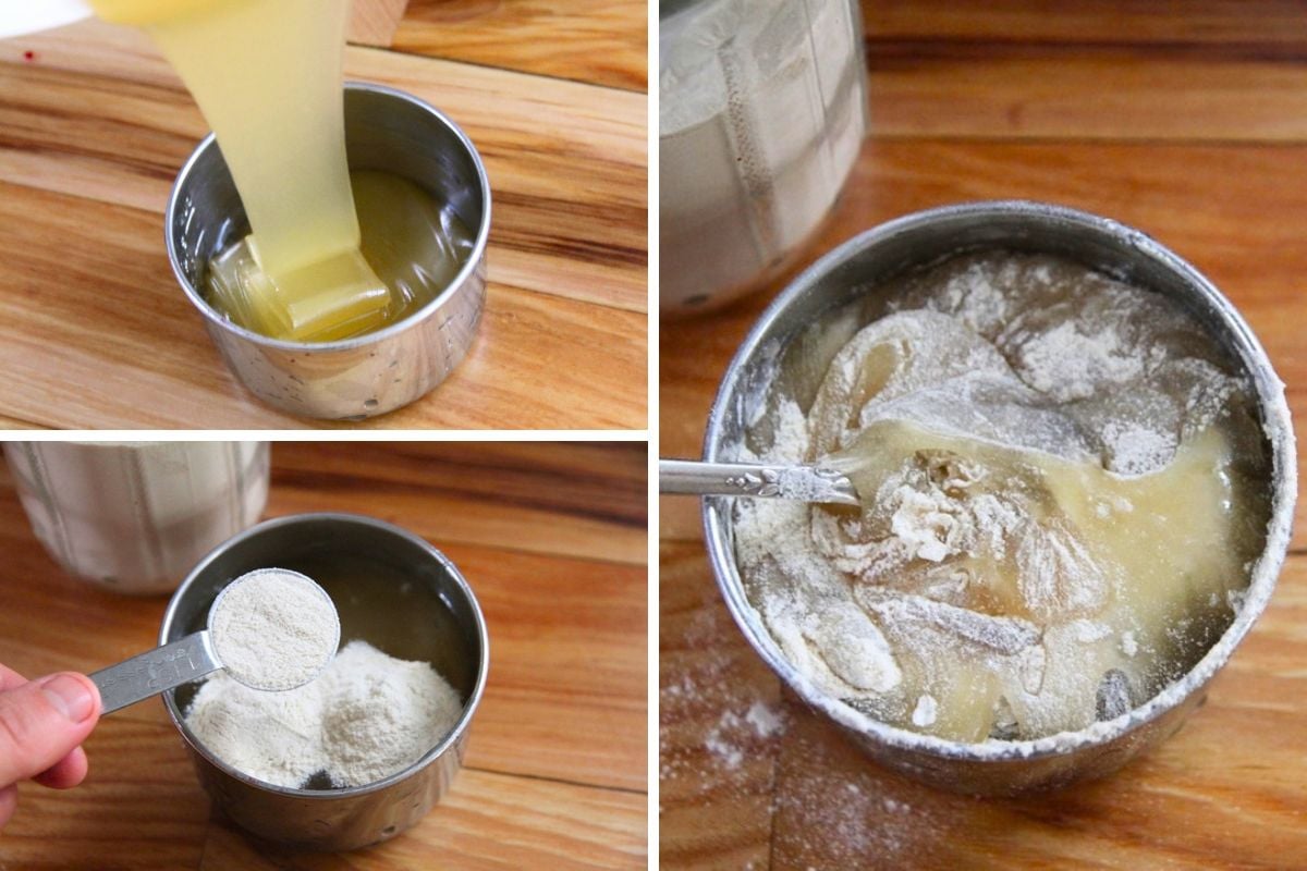 Measuring honey and pectin into a small measuring cup for mixing. 