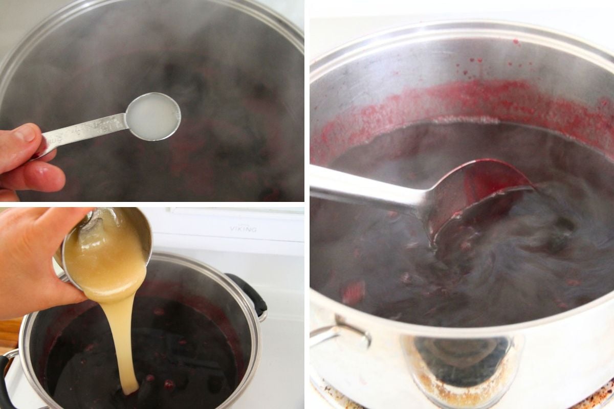 Measuring calcium water, and pectin honey into a stock pot for stirring. 