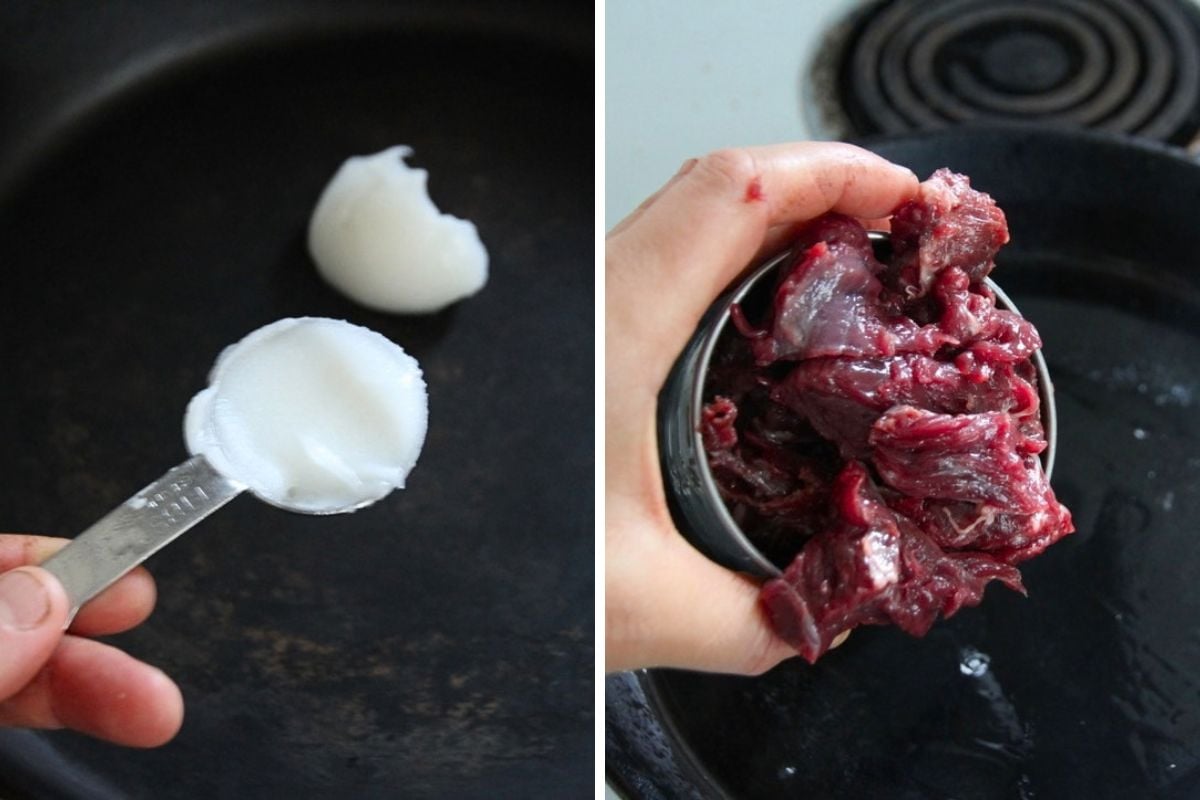 Two images of adding lard to a hot cast iron skillet, and dumping cubed bear meat into pan.