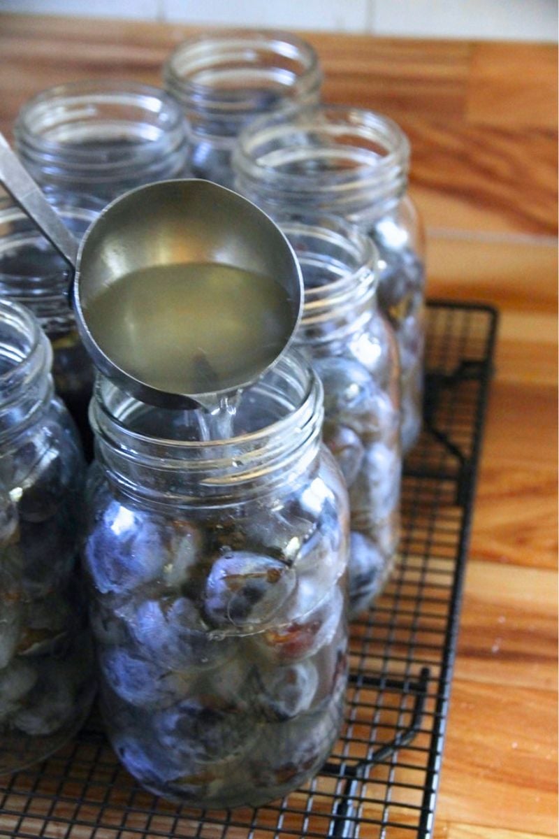 Pouring hot, spiced honey syrup into a quart jar stuffed with purple plums.